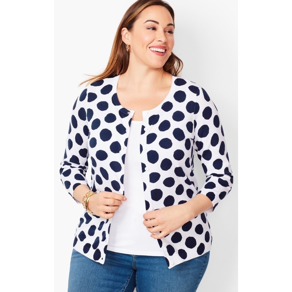 Talbots Plus Navy White Polka Dot Cardigan Sweater Womens 2X Button Front 3/4 Sl